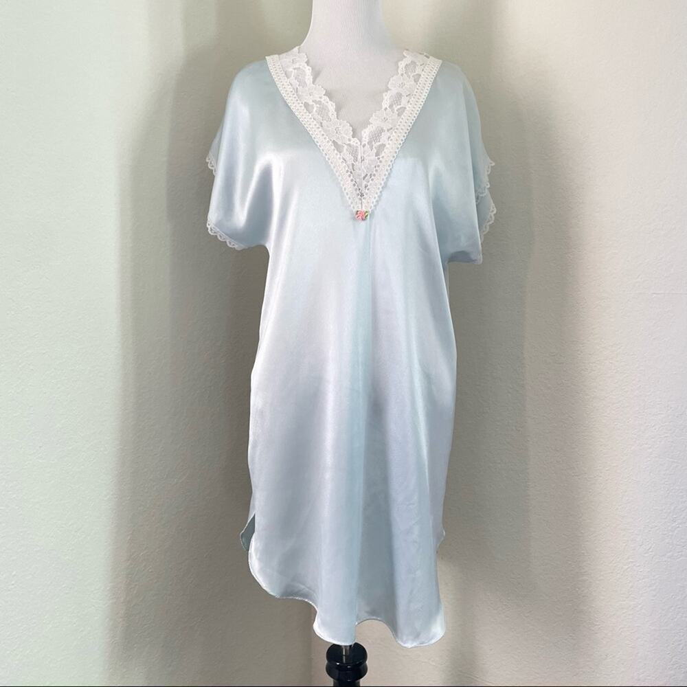 Vintage Nightgown Satin Sheer Lace  Light Blue Satin Slip Dress Silky Lingerie - Picture 16 of 16